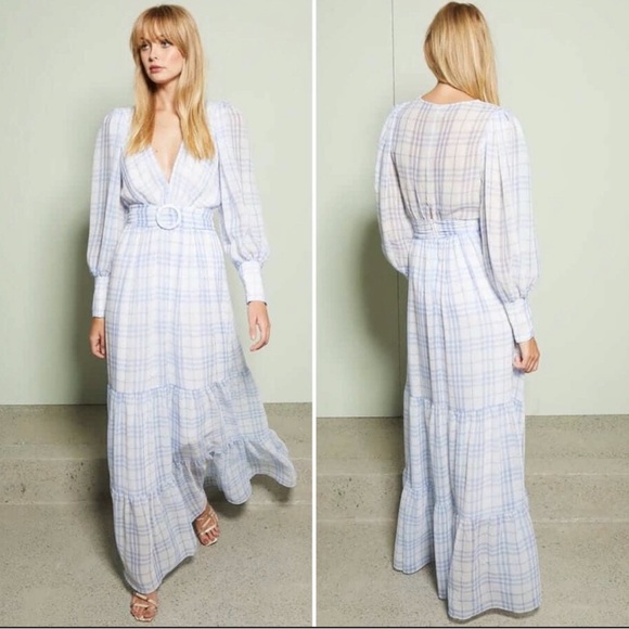 Bec + Bridge Alexa Blue White Gingham V Neck Belted Maxi Dress US 2 - Picture 3 of 14
